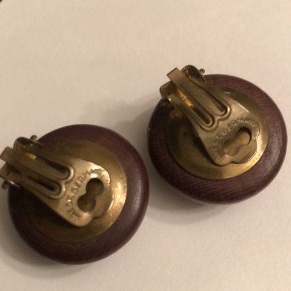 Vintage Brown Matte Wood Oversized Comfort Clip Earrings Made in Germany - #436 - Picture 2 of 6